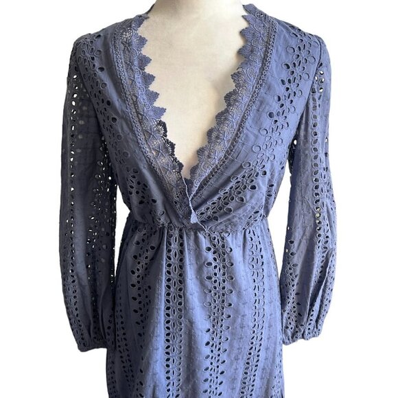 BARDOT Blue Eyelet Long Sleeve Maxi Dress US 6. - Picture 7 of 11